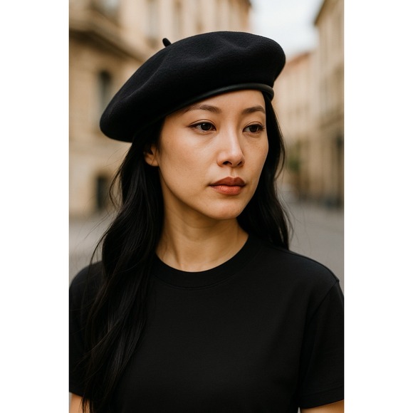 Womens Black Beret 100% Wool Made in Italy Faux Leather Trim K + Peterson & Co. - Picture 1 of 5